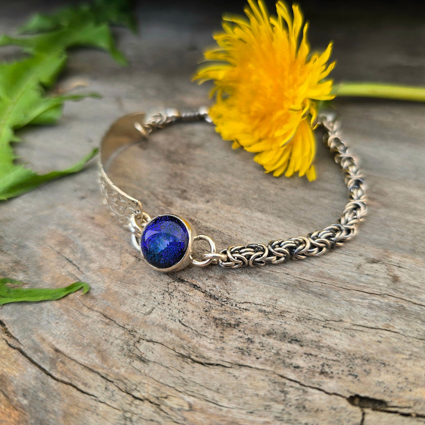 Hand-Forged Purple Dichroic Byzantine Sterling Silver Bracelet