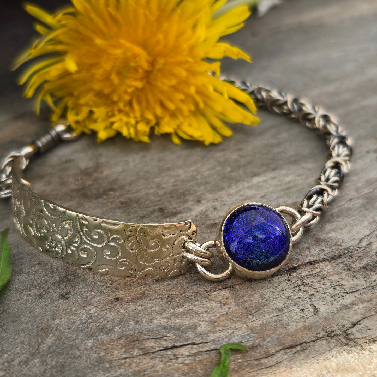 Hand-Forged Purple Dichroic Byzantine Sterling Silver Bracelet