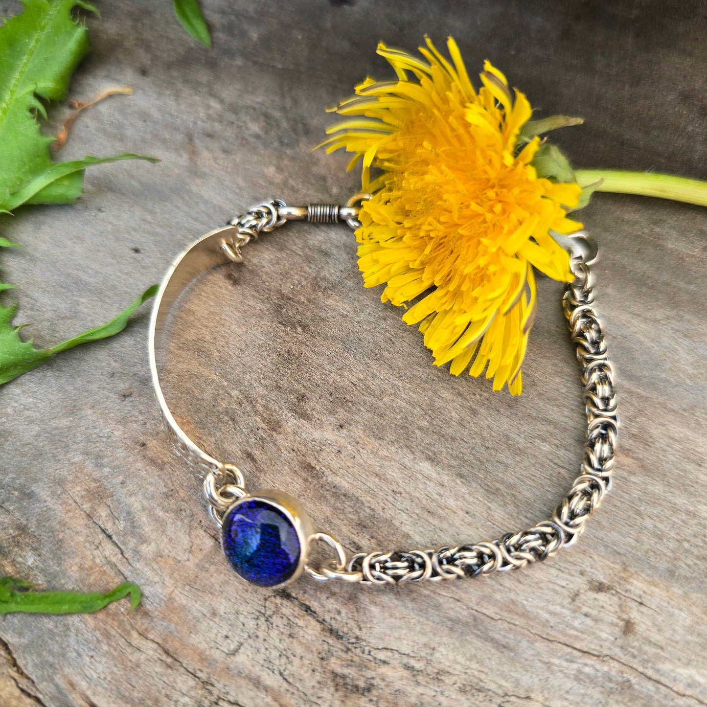 Hand-Forged Purple Dichroic Byzantine Sterling Silver Bracelet