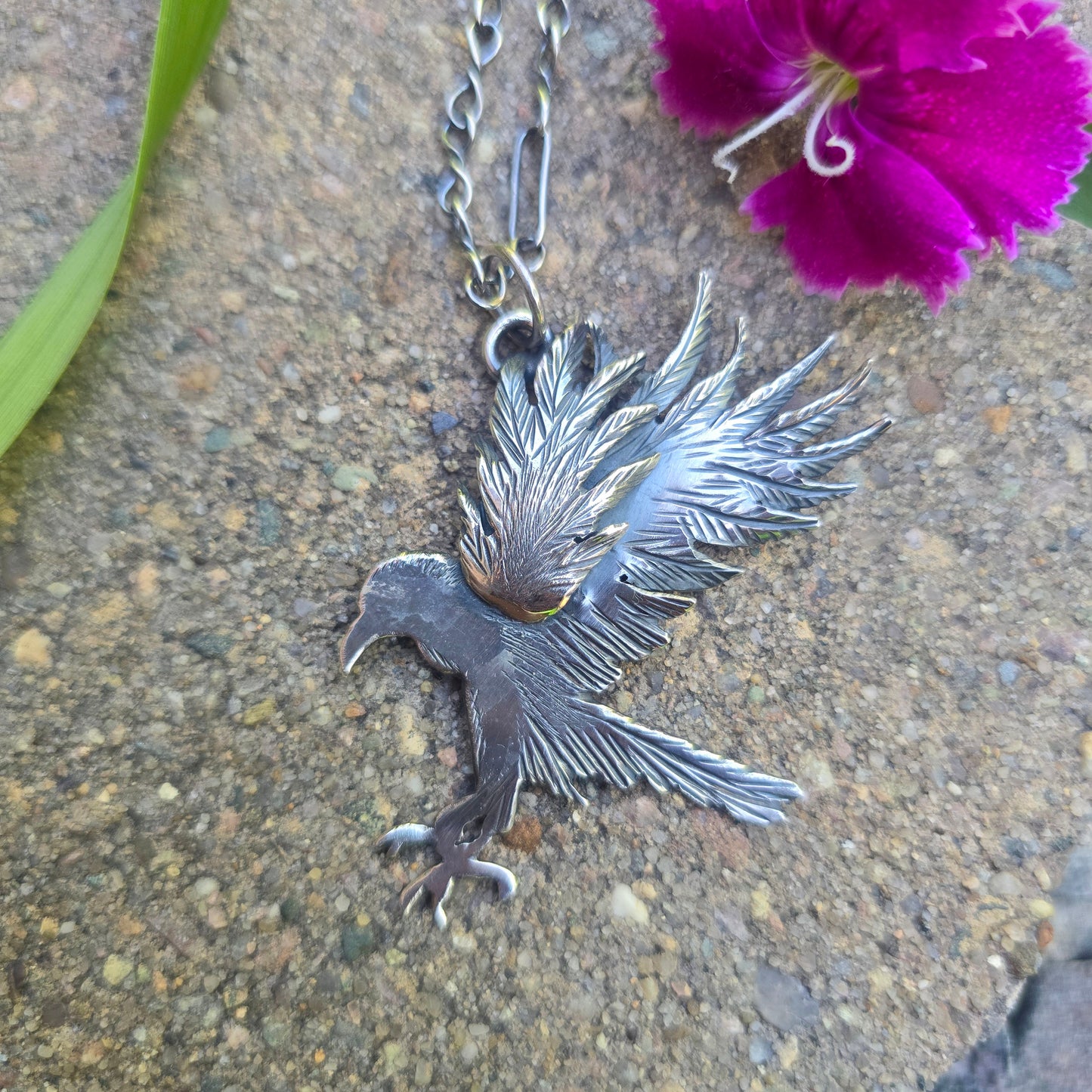 Raven Landing Pendant in Hand-Forged Sterling Silver