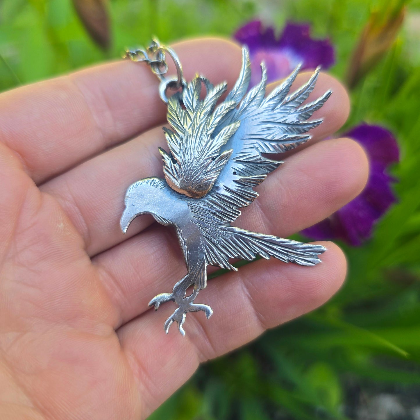 Raven Landing Pendant in Hand-Forged Sterling Silver