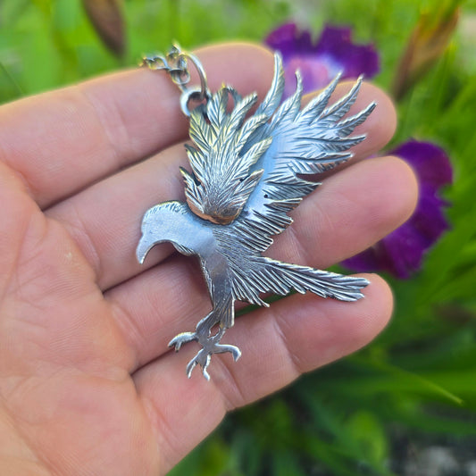 Raven Landing Pendant in Hand-Forged Sterling Silver