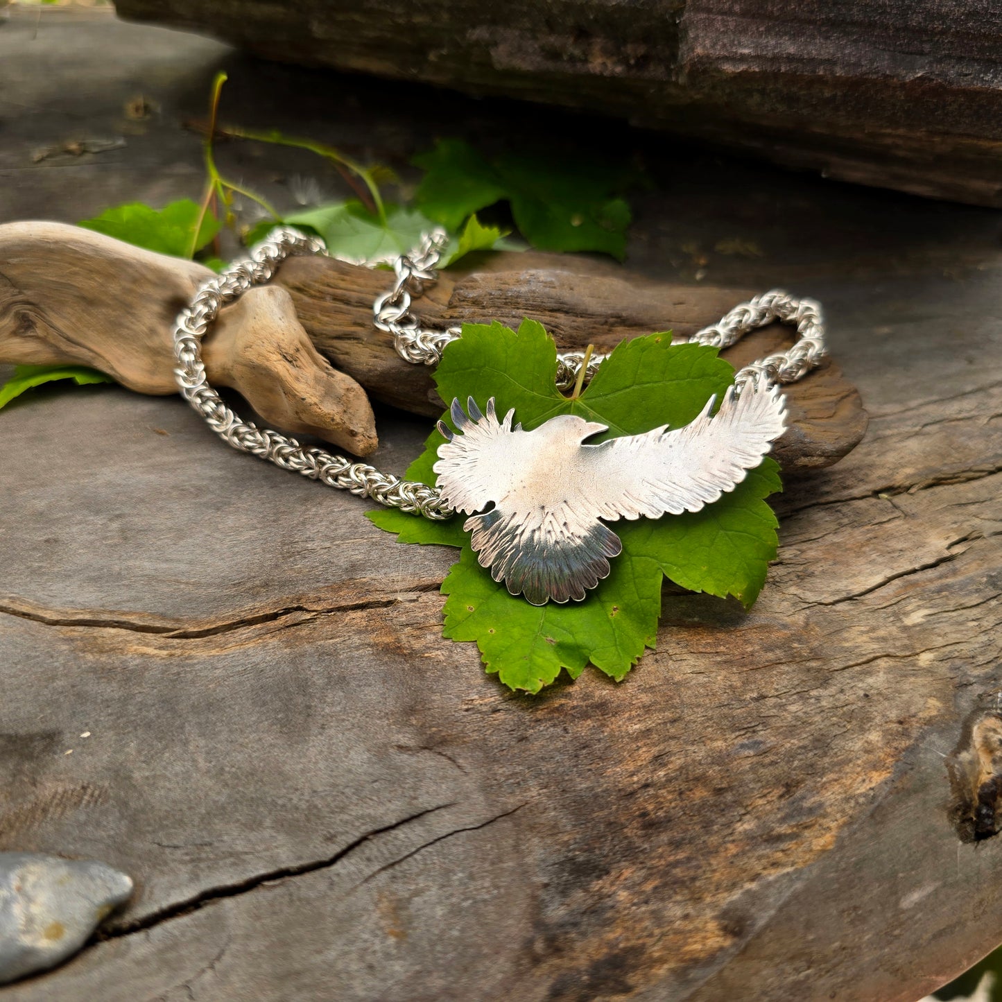 Raven in Flight Byzantine Necklace — Hand-Forged Sterling Silver Masterwork