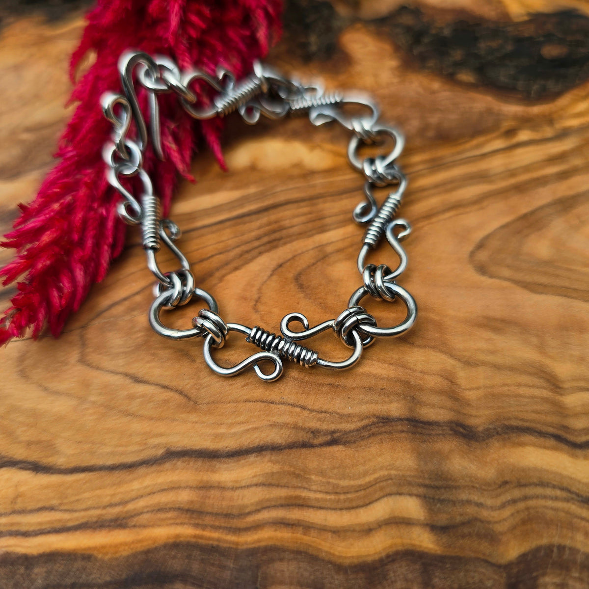 Wrapped S-Hook Hand-Forged Sterling Silver Chain Bracelet