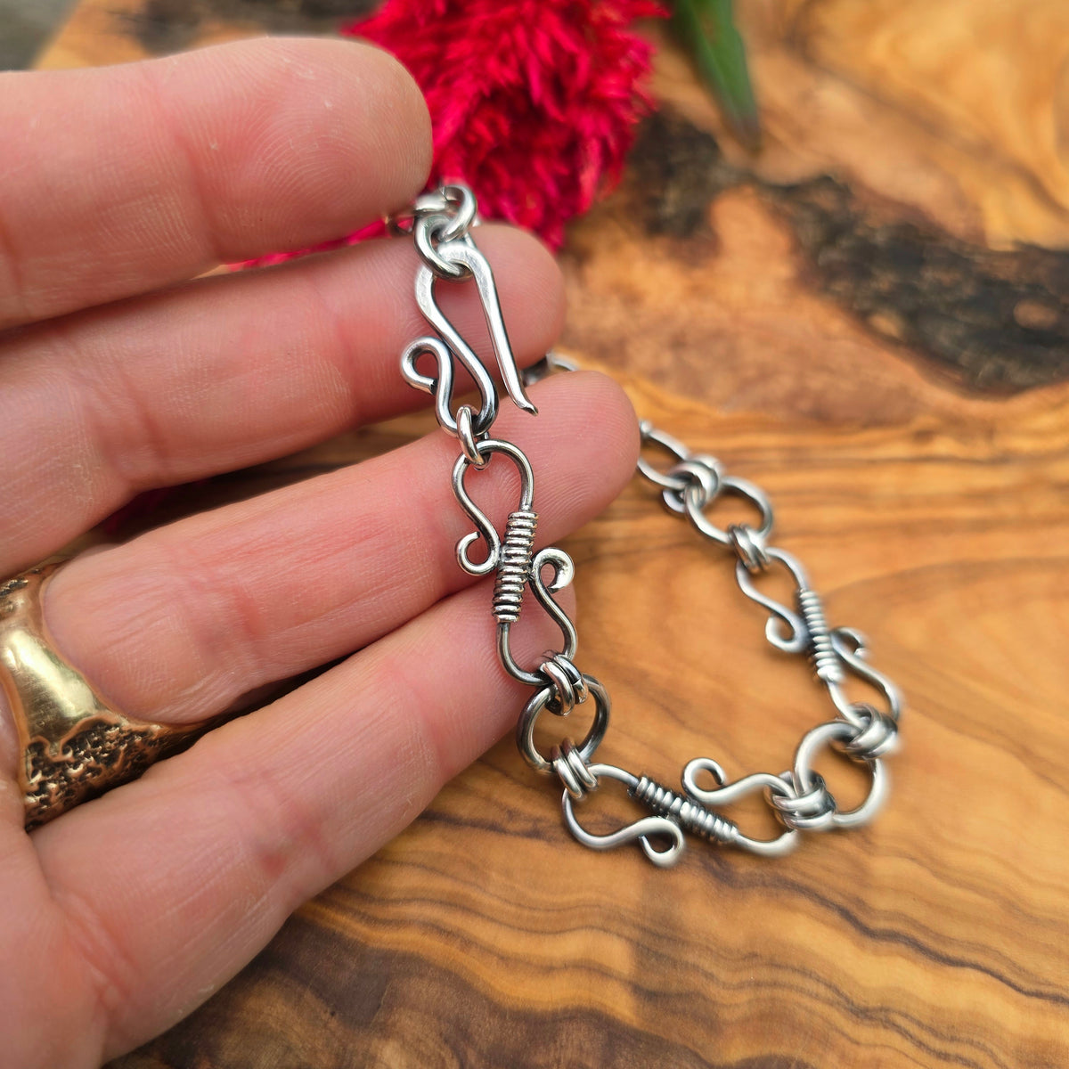 Wrapped S-Hook Hand-Forged Sterling Silver Chain Bracelet