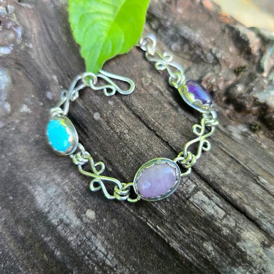 Amethyst, Turquoise & Kunzite Chain Link Bracelet — One-of-a-Kind Bench-Forged Sterling Silver