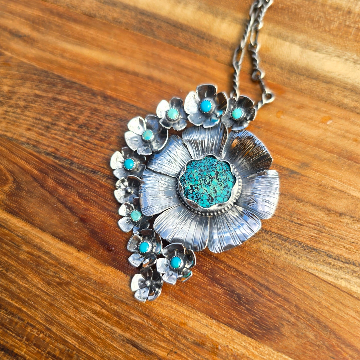 One-of-a-Kind Turquoise Flower Statement Pendant in Sterling Silver | Collector Works