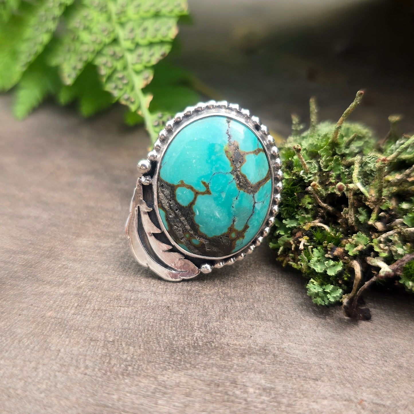 Adjustable Turquoise & Feather Hand-Forged Sterling Silver Ring