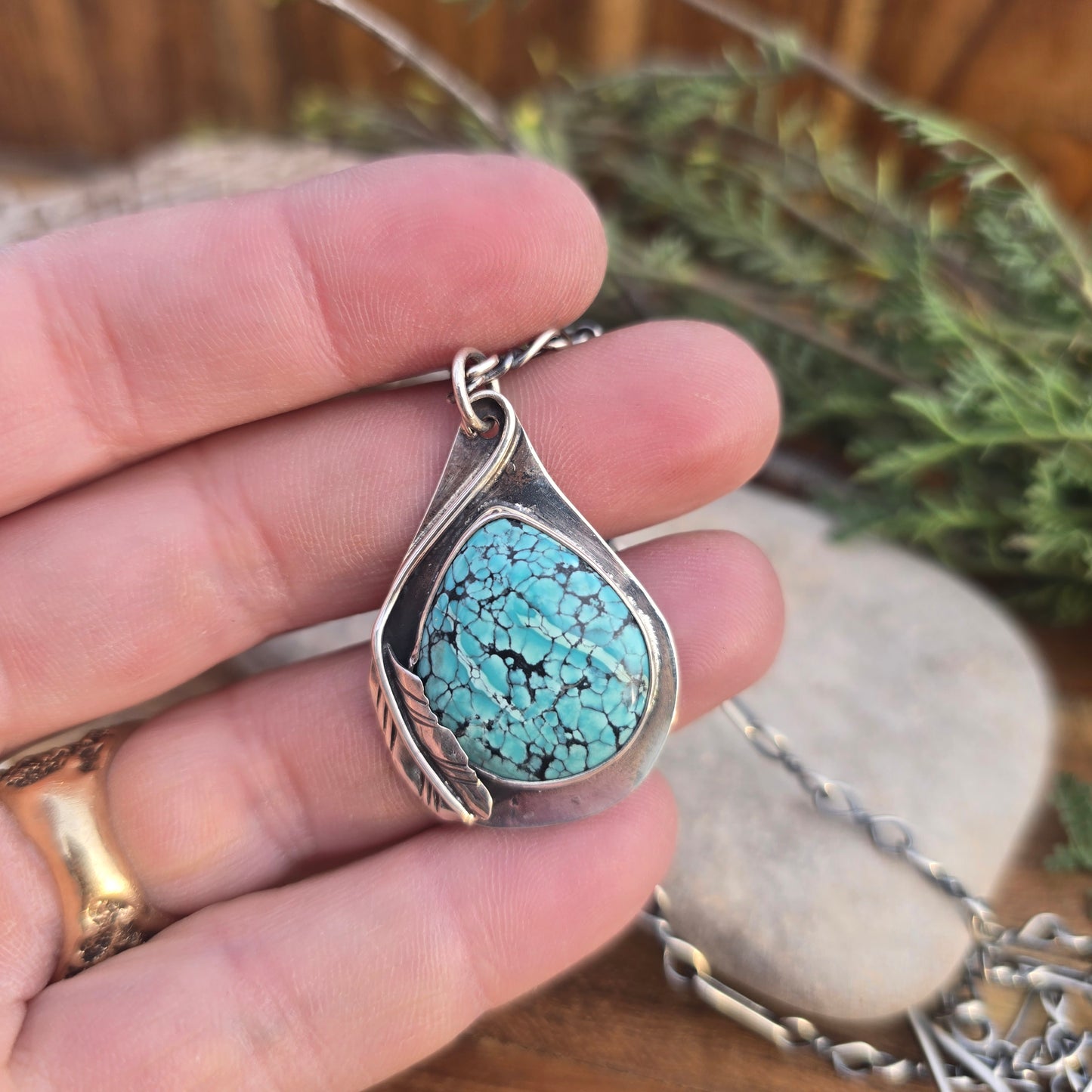 One-of-a-Kind Turquoise Feather Pendant in Hand-Forged Sterling Silver