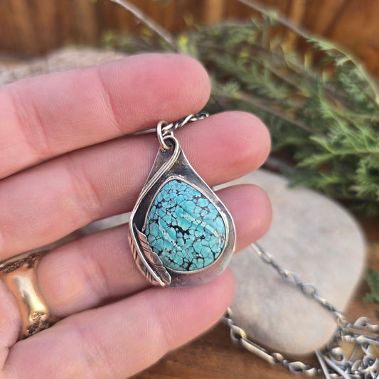 One-of-a-Kind Turquoise Feather Pendant in Hand-Forged Sterling Silver