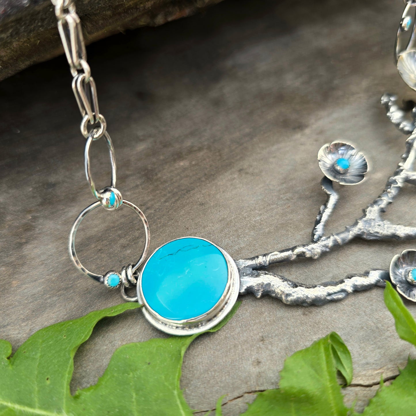 Hand-Forged Flowering Branch Statement Necklace — Turquoise Sterling Silver Masterwork