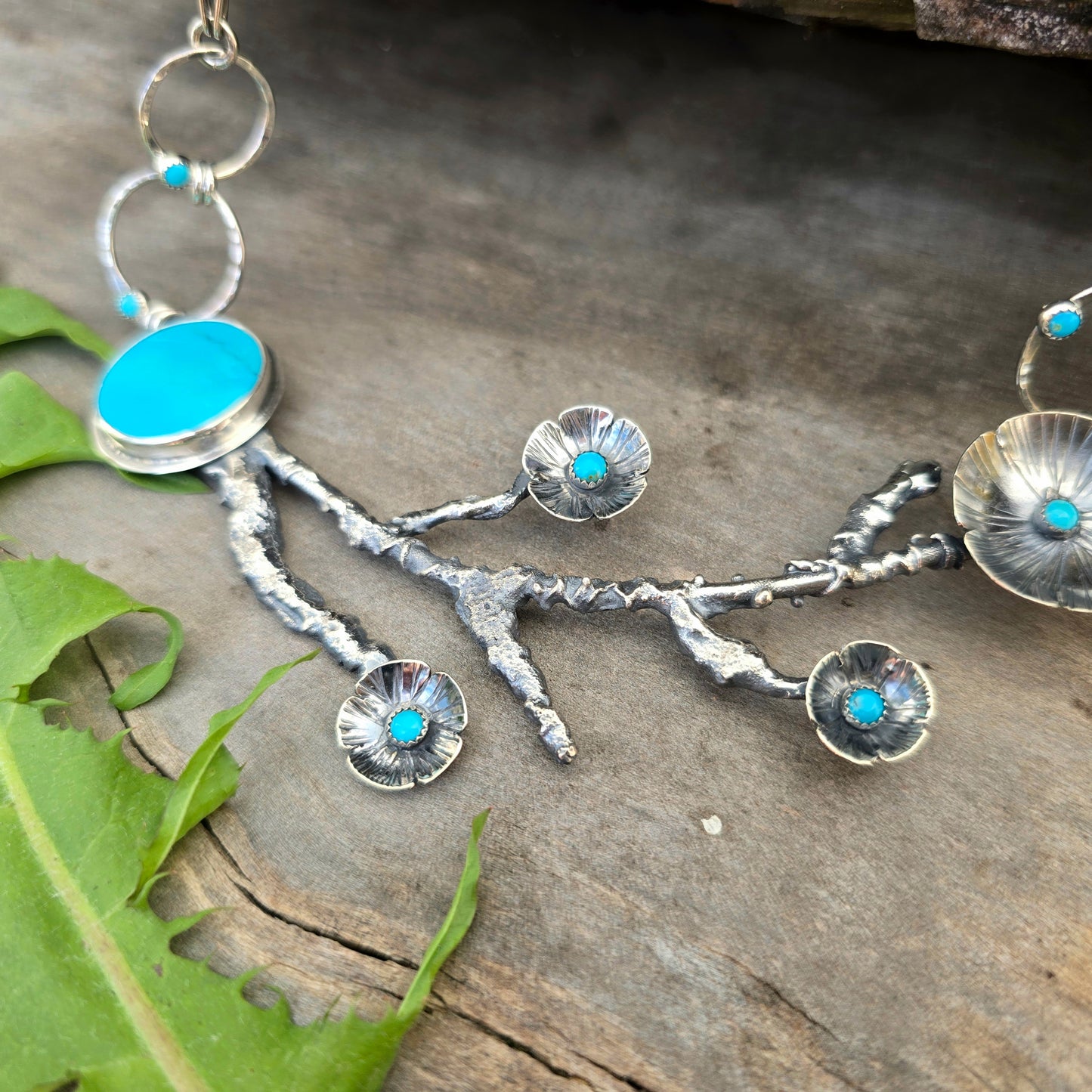 Hand-Forged Flowering Branch Statement Necklace — Turquoise Sterling Silver Masterwork