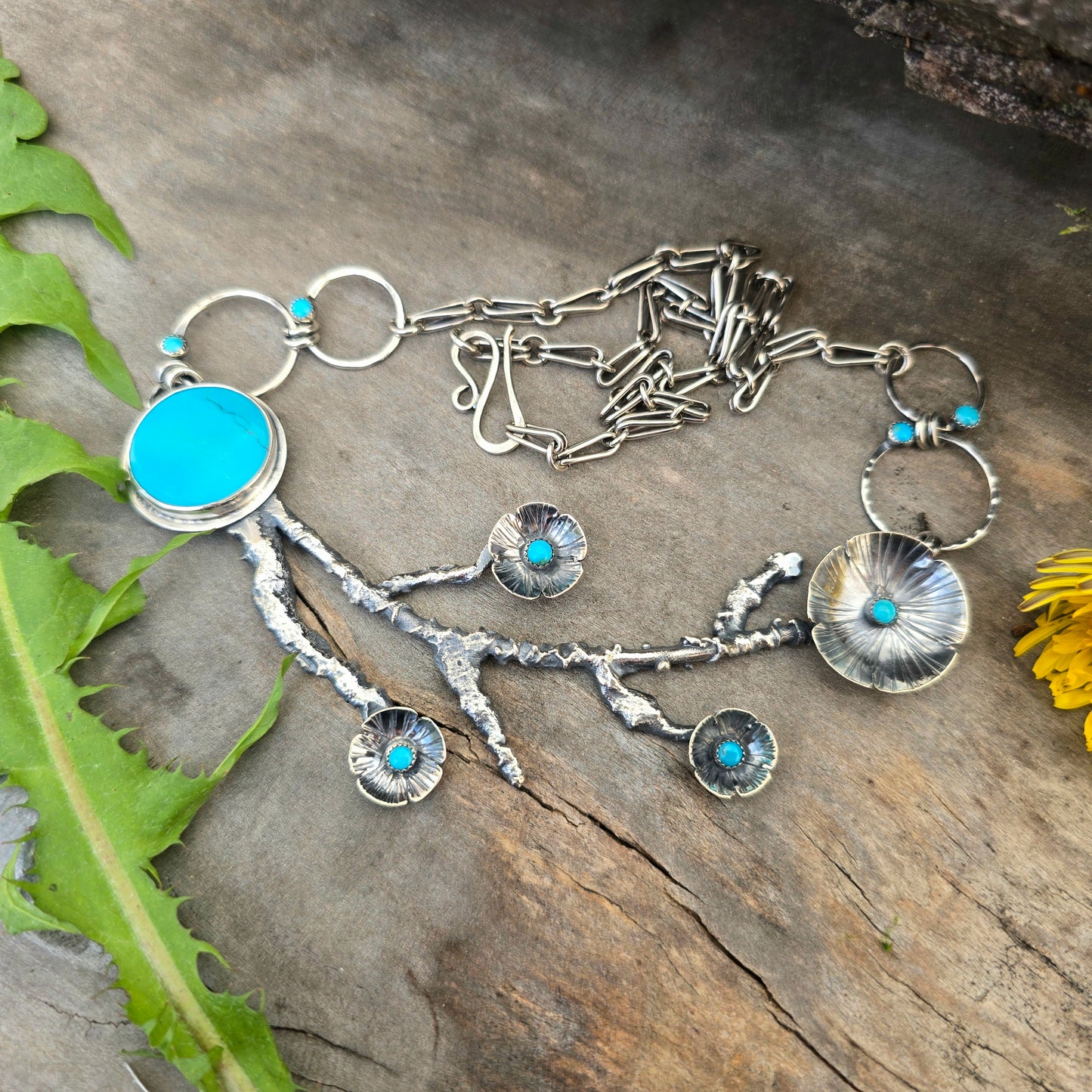 Hand-Forged Flowering Branch Statement Necklace — Turquoise Sterling Silver Masterwork