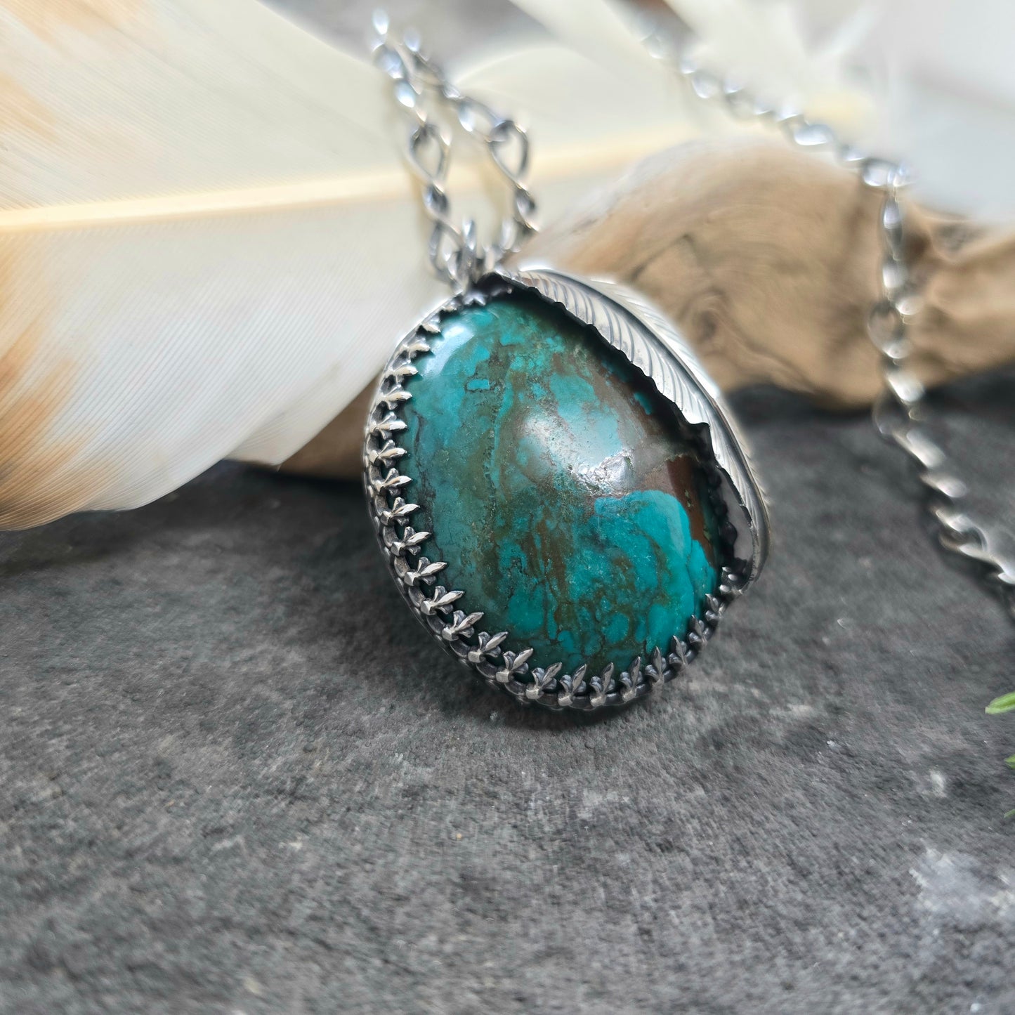 Turquoise Feather Sterling Silver Statement Pendant