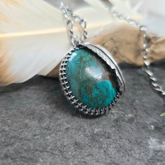 Turquoise Feather Sterling Silver Statement Pendant
