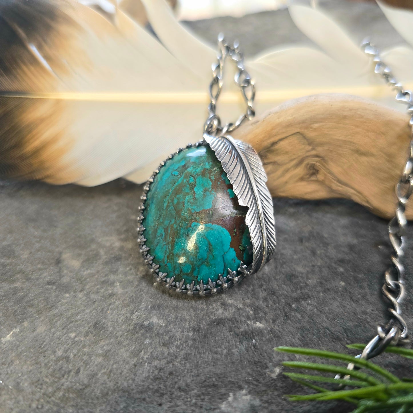 Turquoise Feather Sterling Silver Statement Pendant