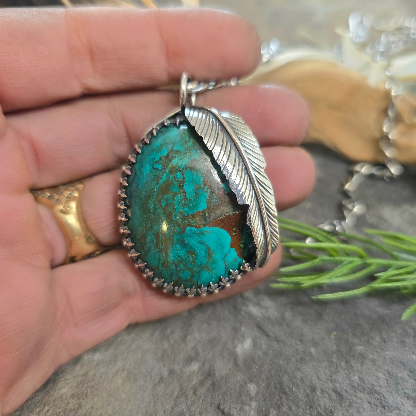 Turquoise Feather Sterling Silver Statement Pendant