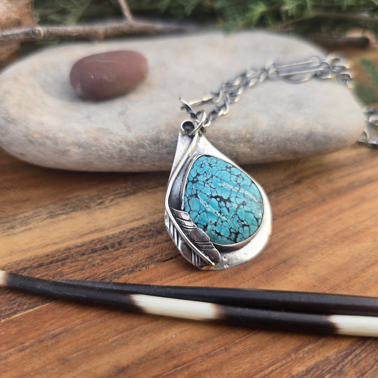 One-of-a-Kind Turquoise Feather Pendant in Hand-Forged Sterling Silver