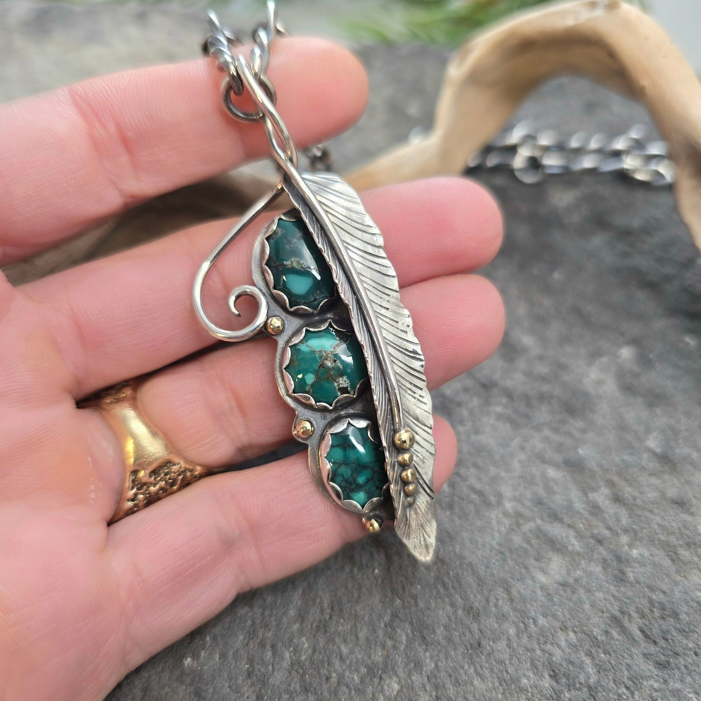 Triple Turquoise Feather Pendant (One of a Kind) — Approx. 3 in