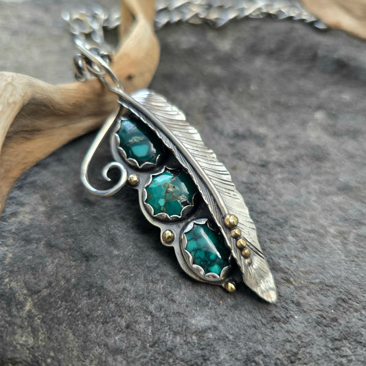 Triple Turquoise Feather Pendant (One of a Kind) — Approx. 3 in