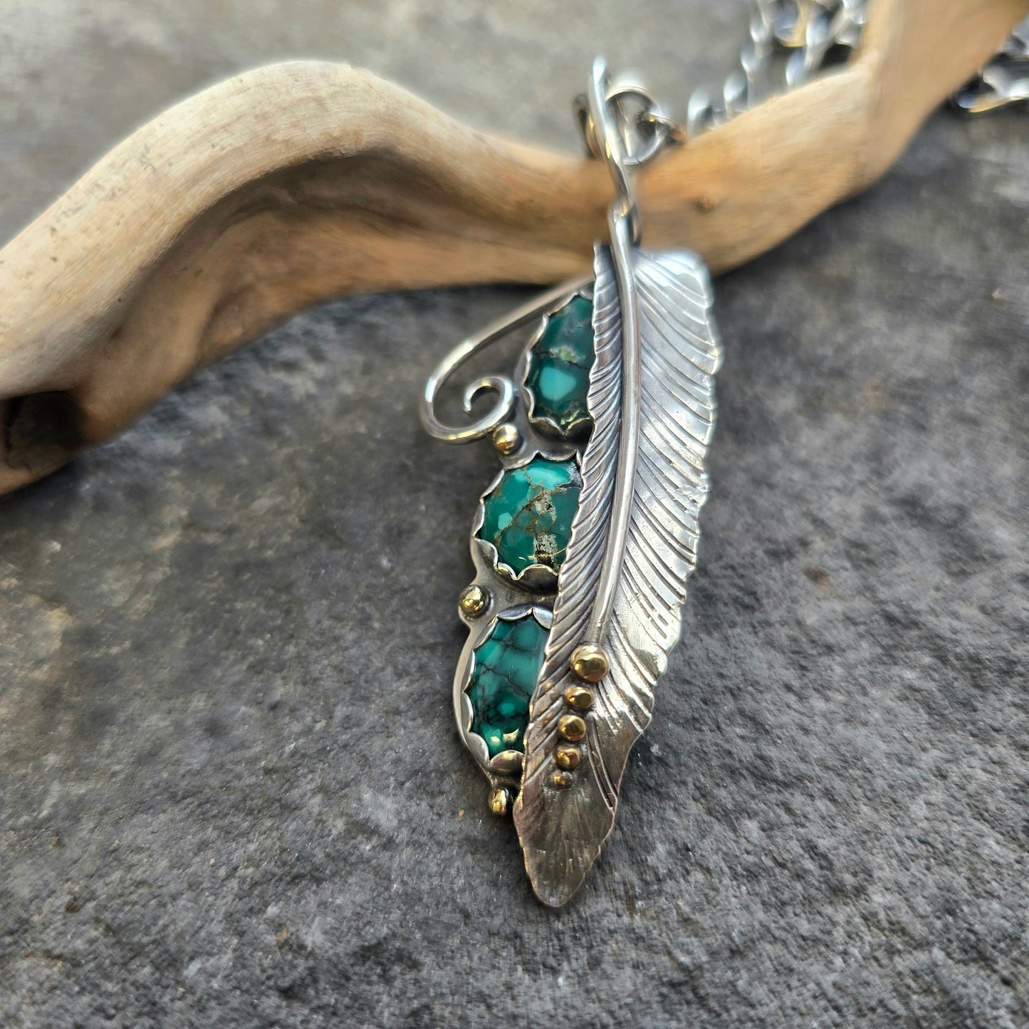 Triple Turquoise Feather Pendant (One of a Kind) — Approx. 3 in