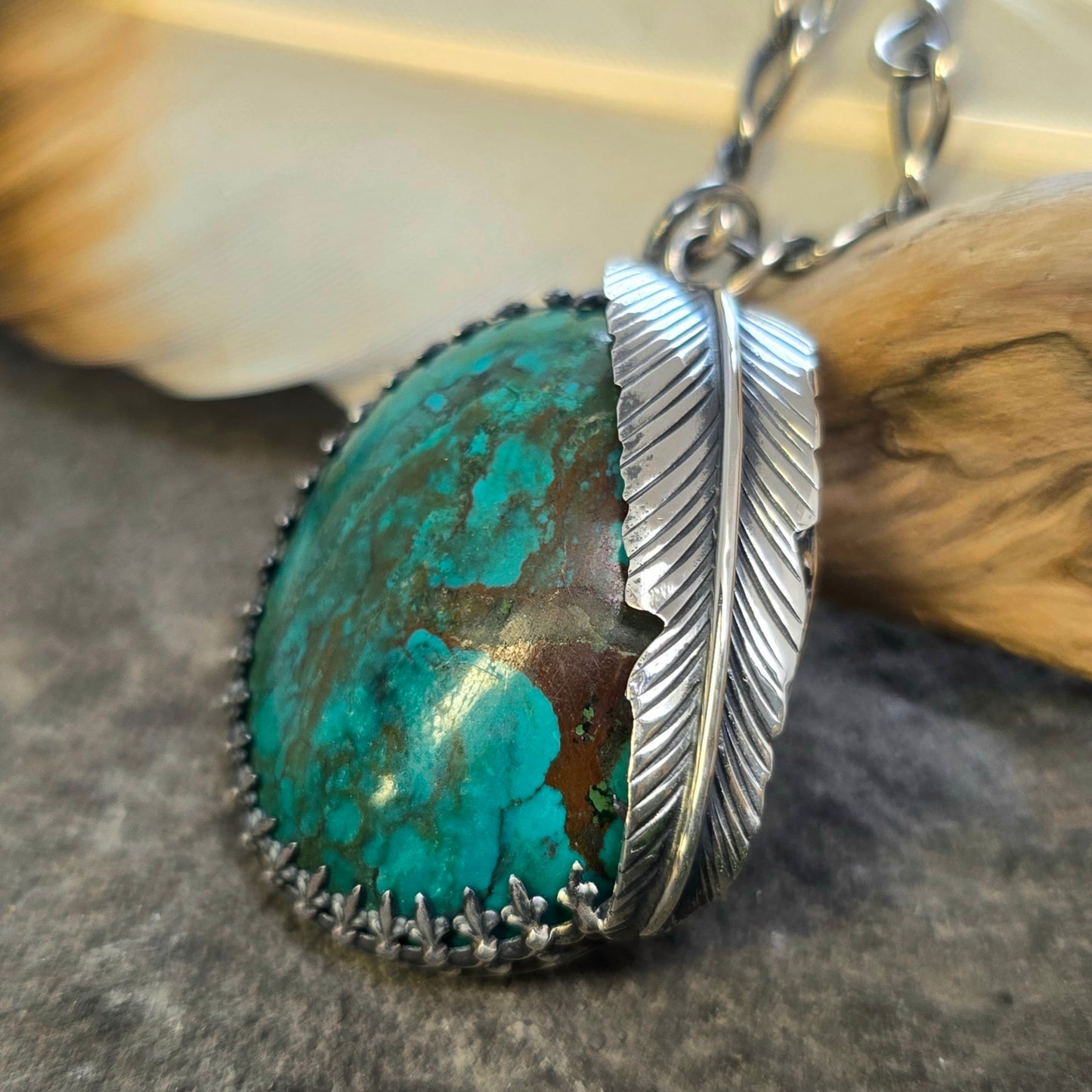 Turquoise Feather Sterling Silver Statement Pendant