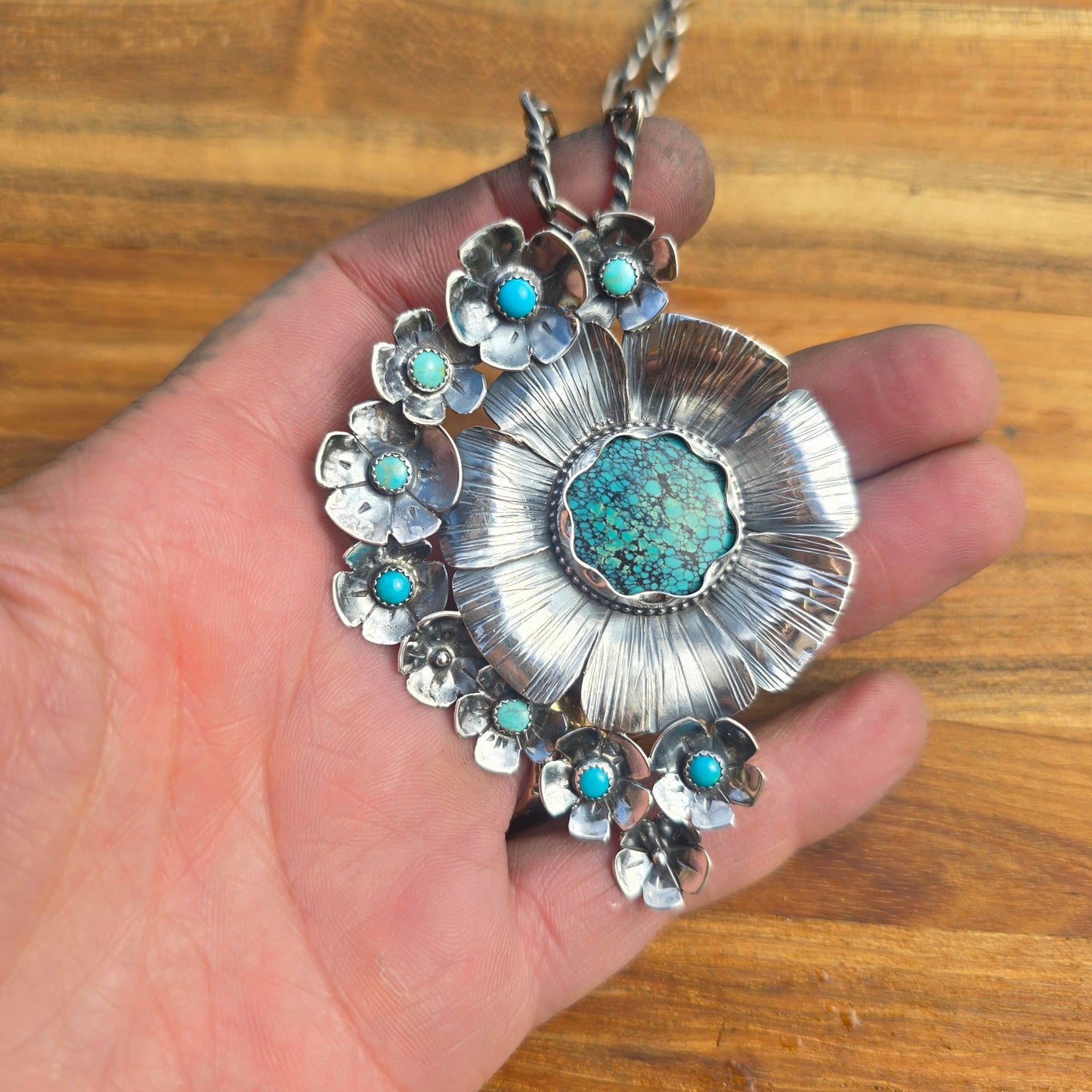One-of-a-Kind Turquoise Flower Statement Pendant in Sterling Silver | Collector Works