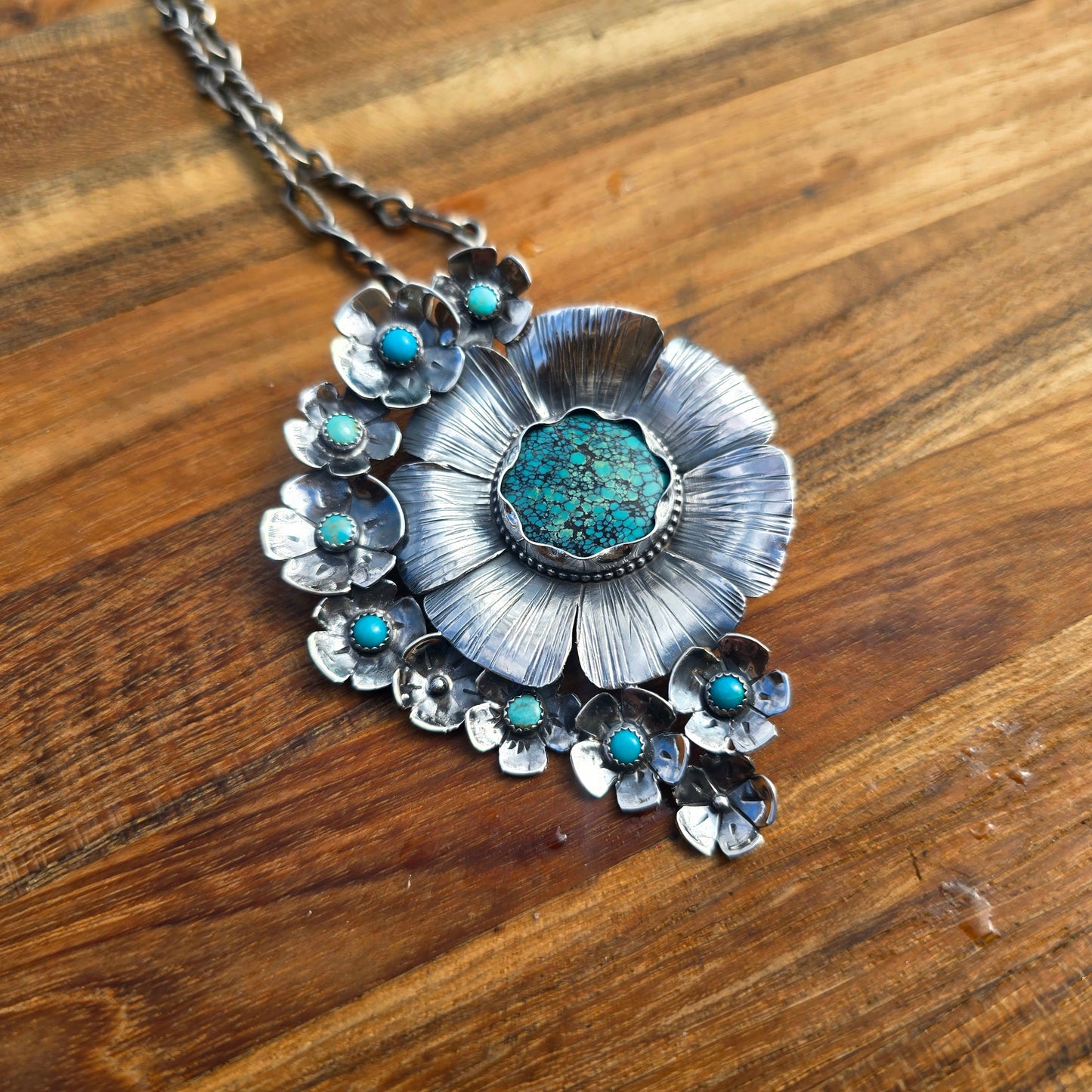 One-of-a-Kind Turquoise Flower Statement Pendant in Sterling Silver | Collector Works