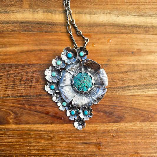 One-of-a-Kind Turquoise Flower Statement Pendant in Sterling Silver | Collector Works