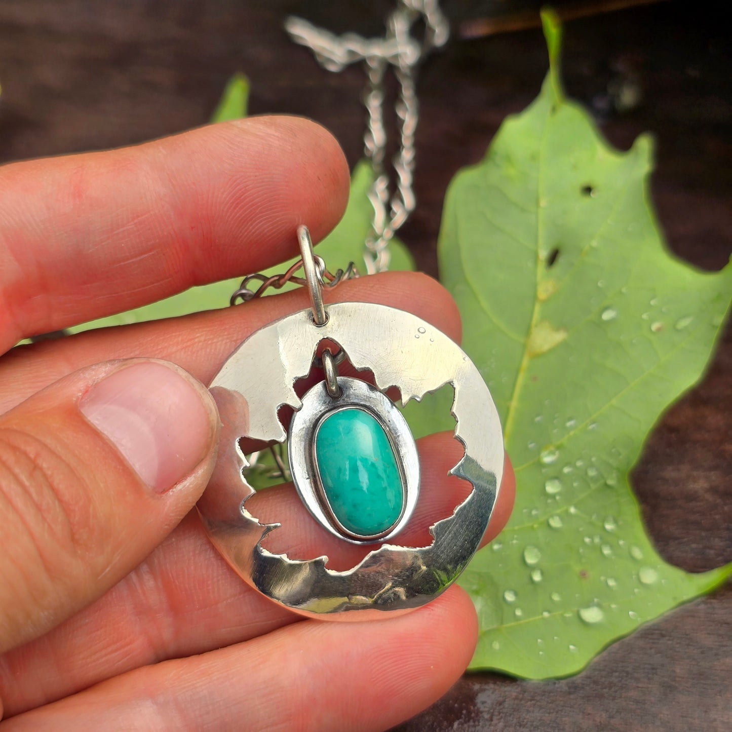 Maple Leaf & Turquoise Hand-Forged Sterling Silver Pendant