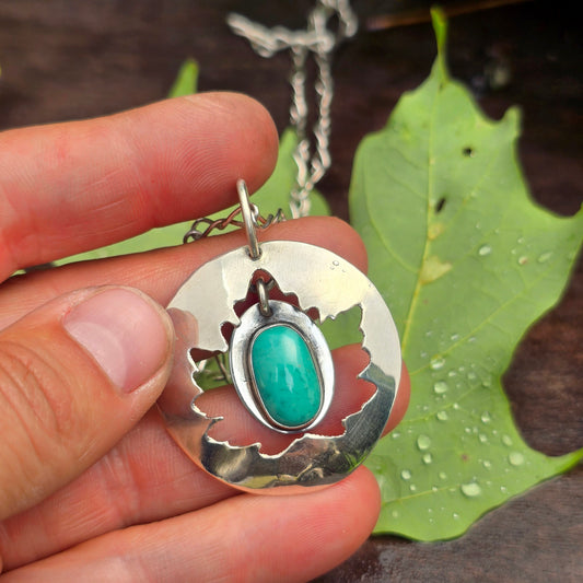 Maple Leaf & Turquoise Hand-Forged Sterling Silver Pendant