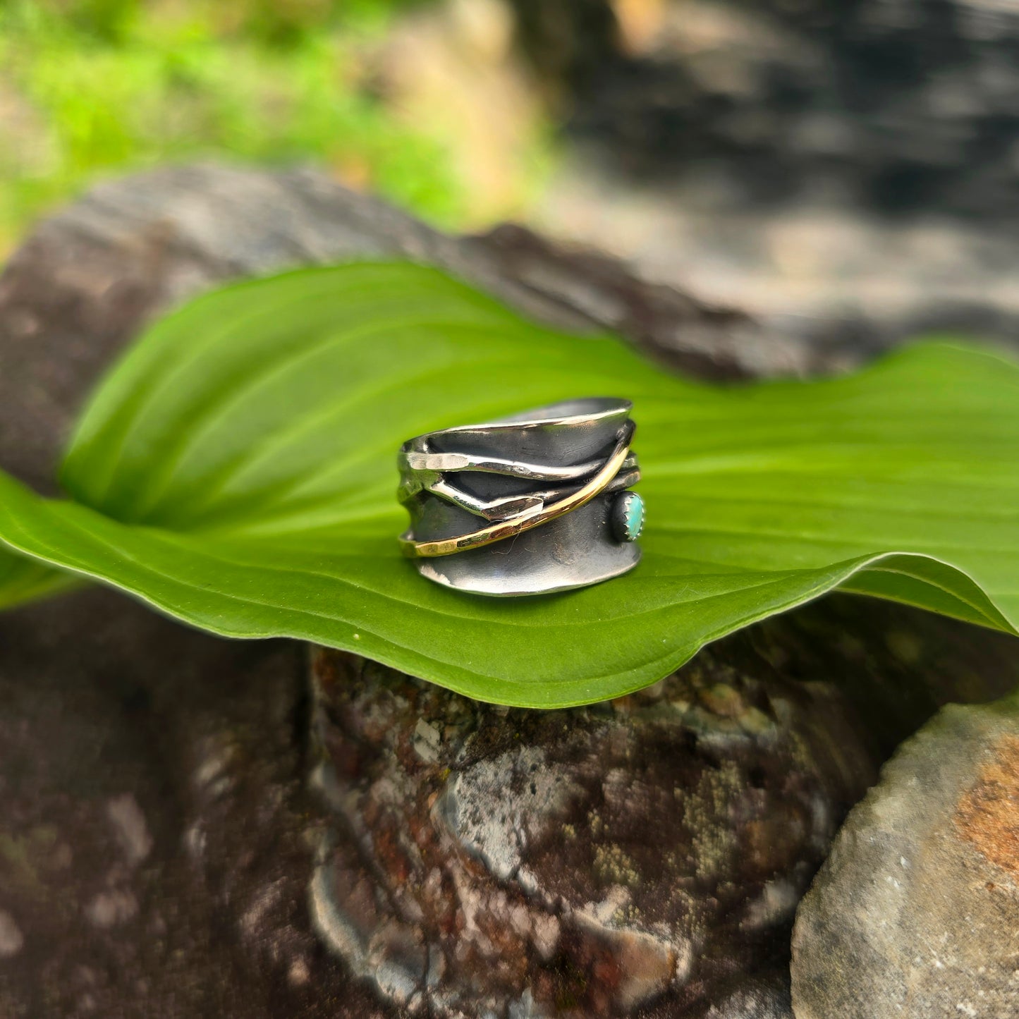 Turquoise Mixed Metal Hand-Forged Spinner Ring