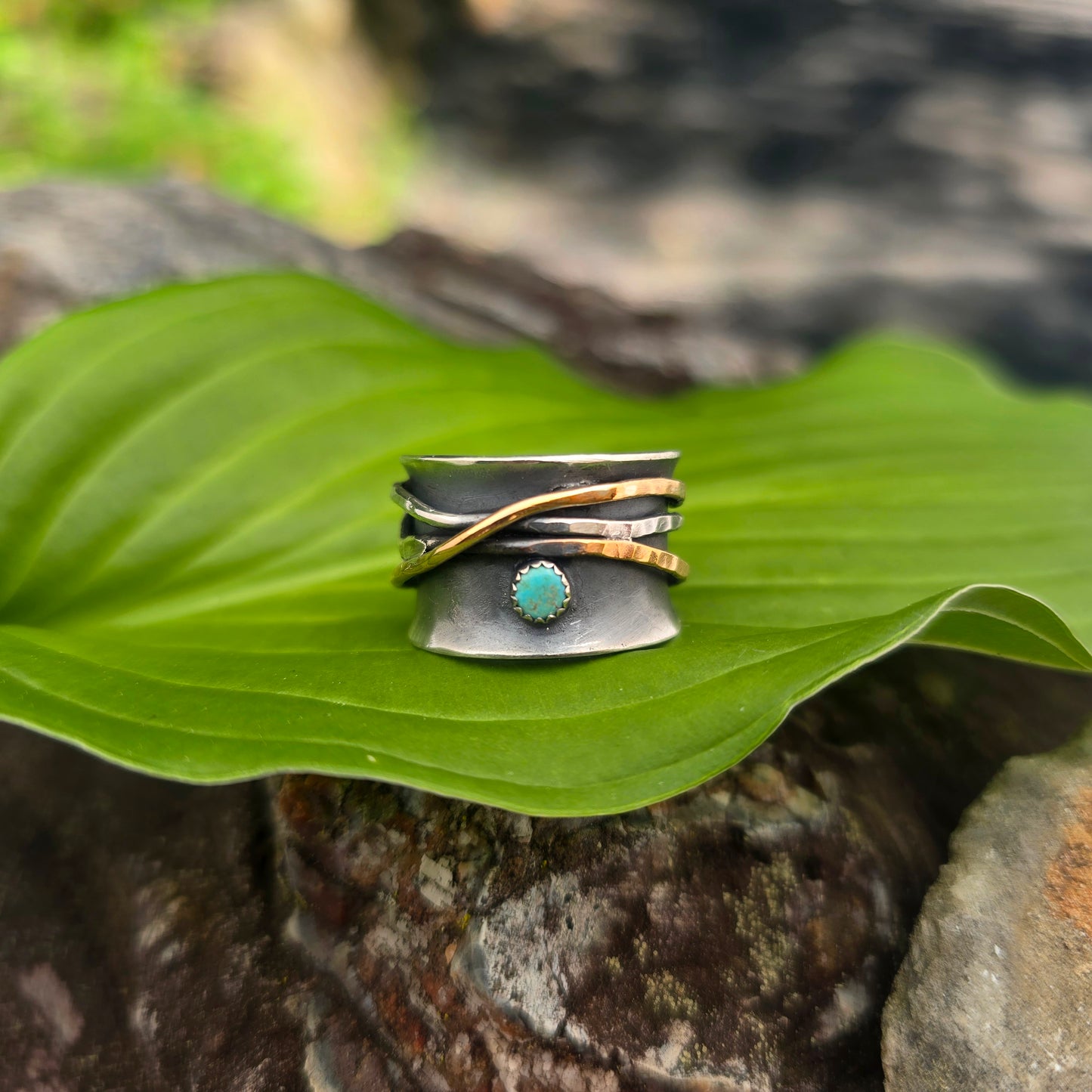 Turquoise Mixed Metal Hand-Forged Spinner Ring
