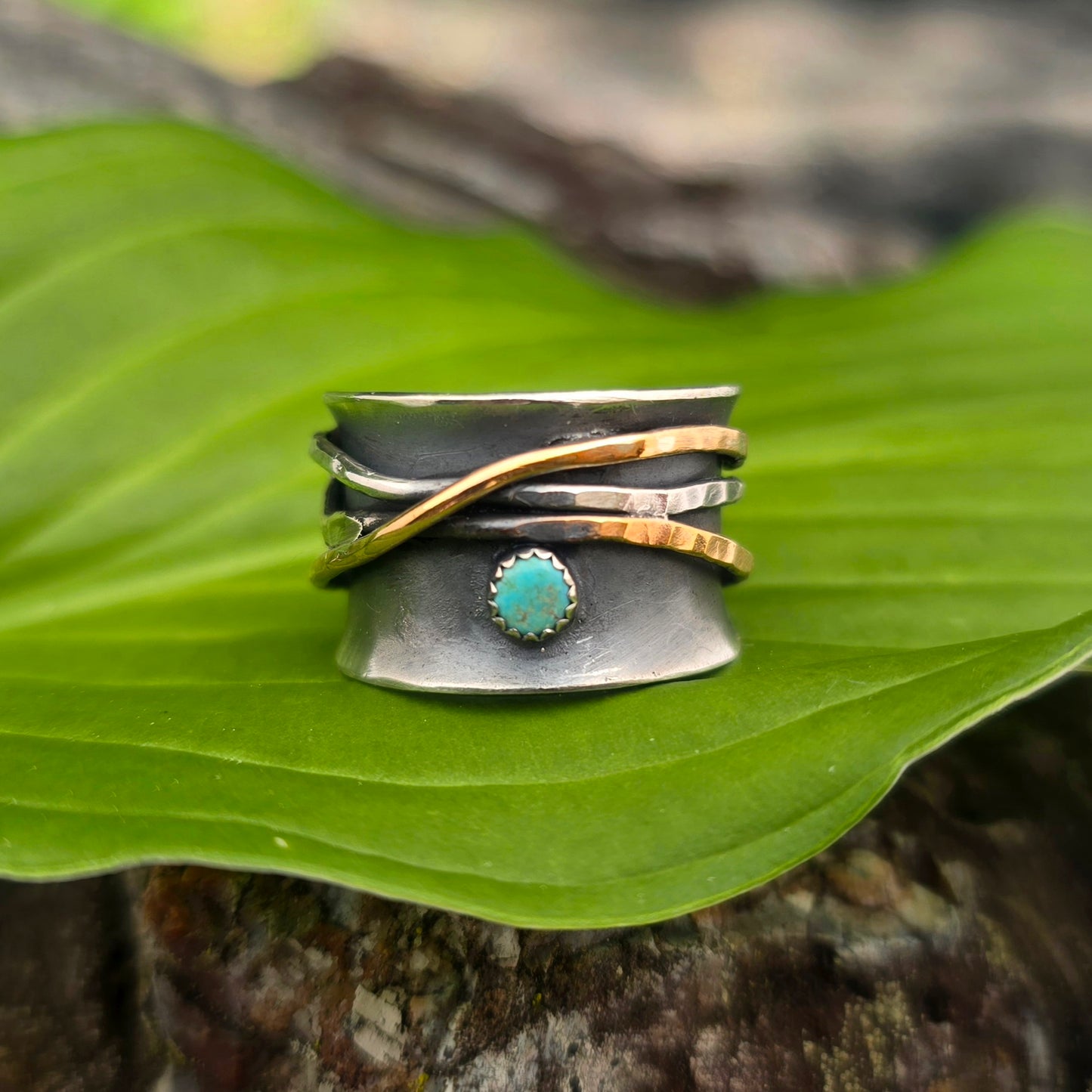 Turquoise Mixed Metal Hand-Forged Spinner Ring