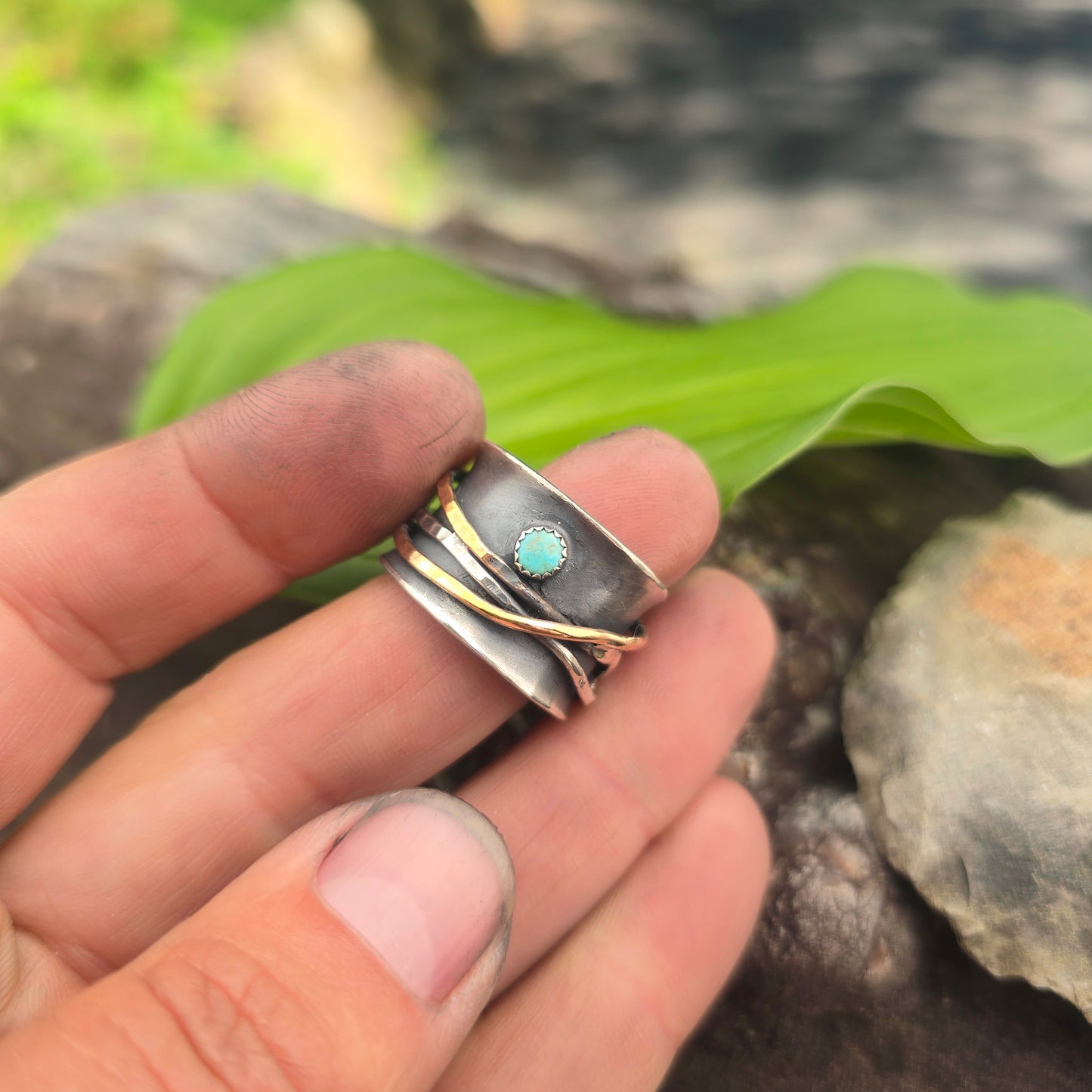 Turquoise Mixed Metal Hand-Forged Spinner Ring