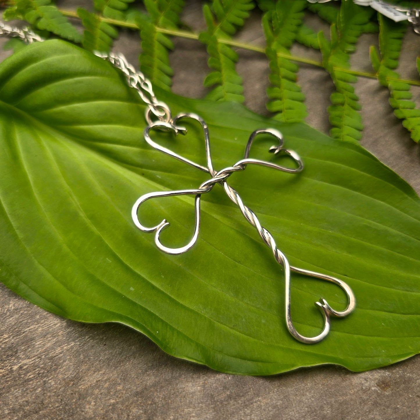 Twisted Hearts Cross Hand-Forged Sterling Silver Statement Pendant