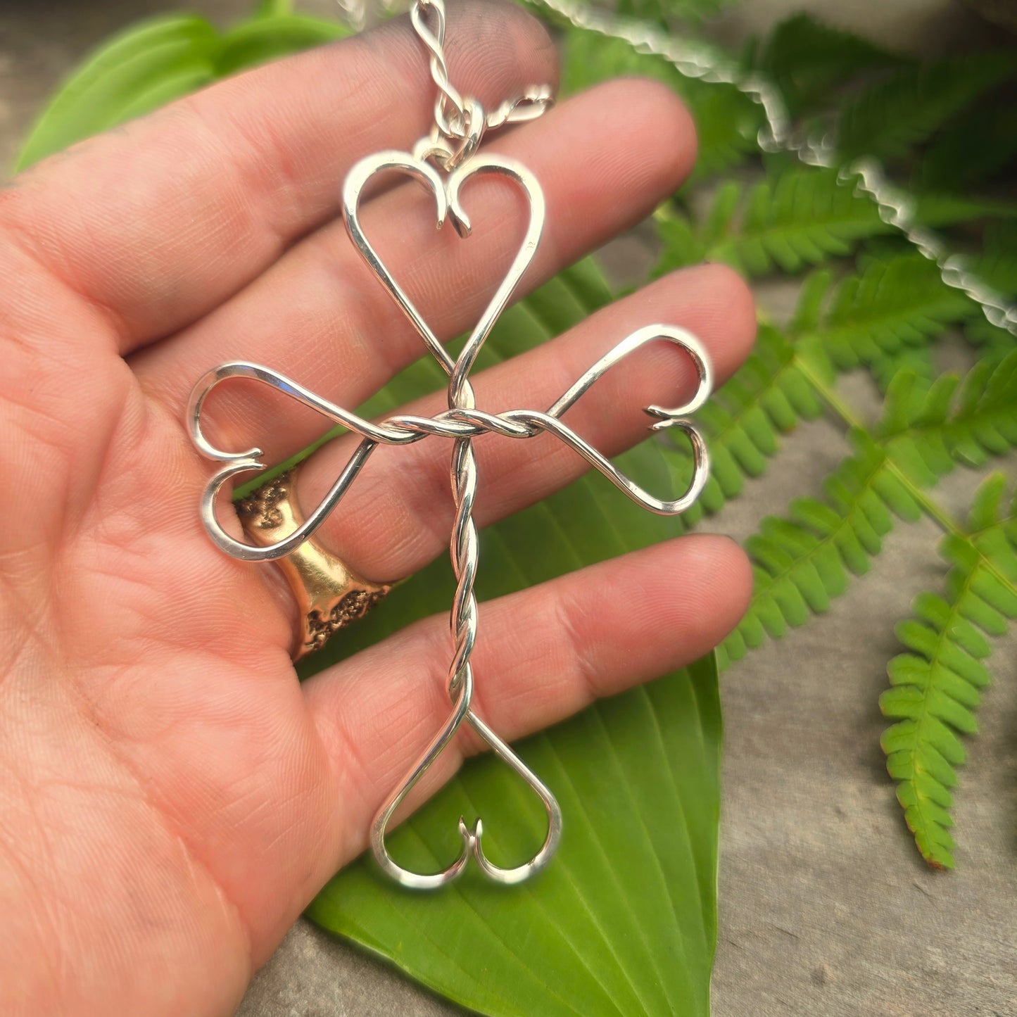 Twisted Hearts Cross Hand-Forged Sterling Silver Statement Pendant