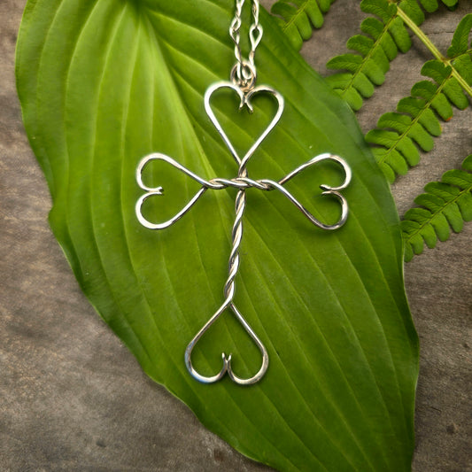 Twisted Hearts Cross Hand-Forged Sterling Silver Statement Pendant