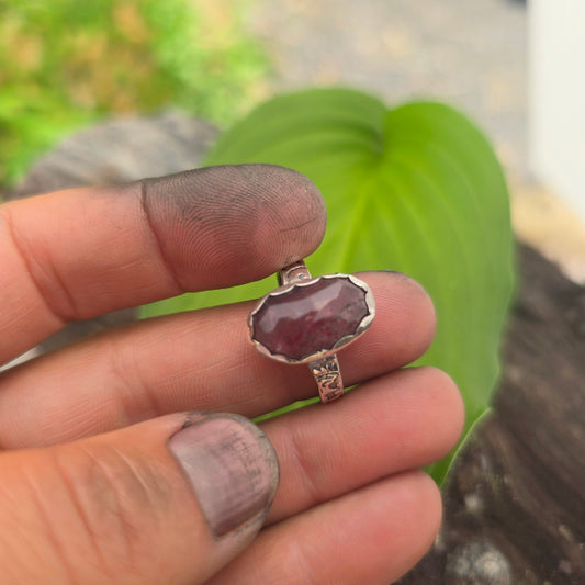 Strawberry Quartz Hand-Forged Sterling Silver Floral Band Ring