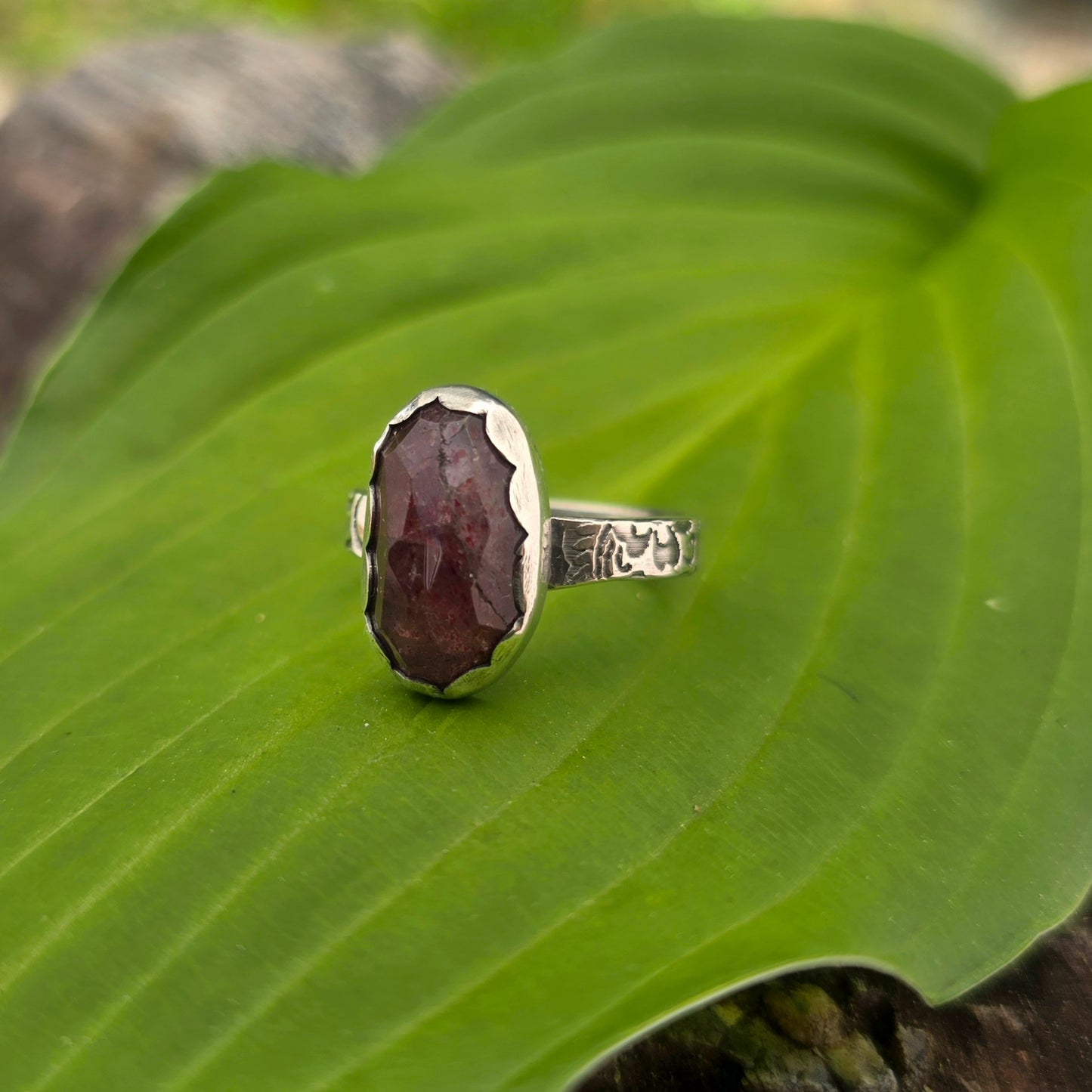 Strawberry Quartz Hand-Forged Sterling Silver Floral Band Ring