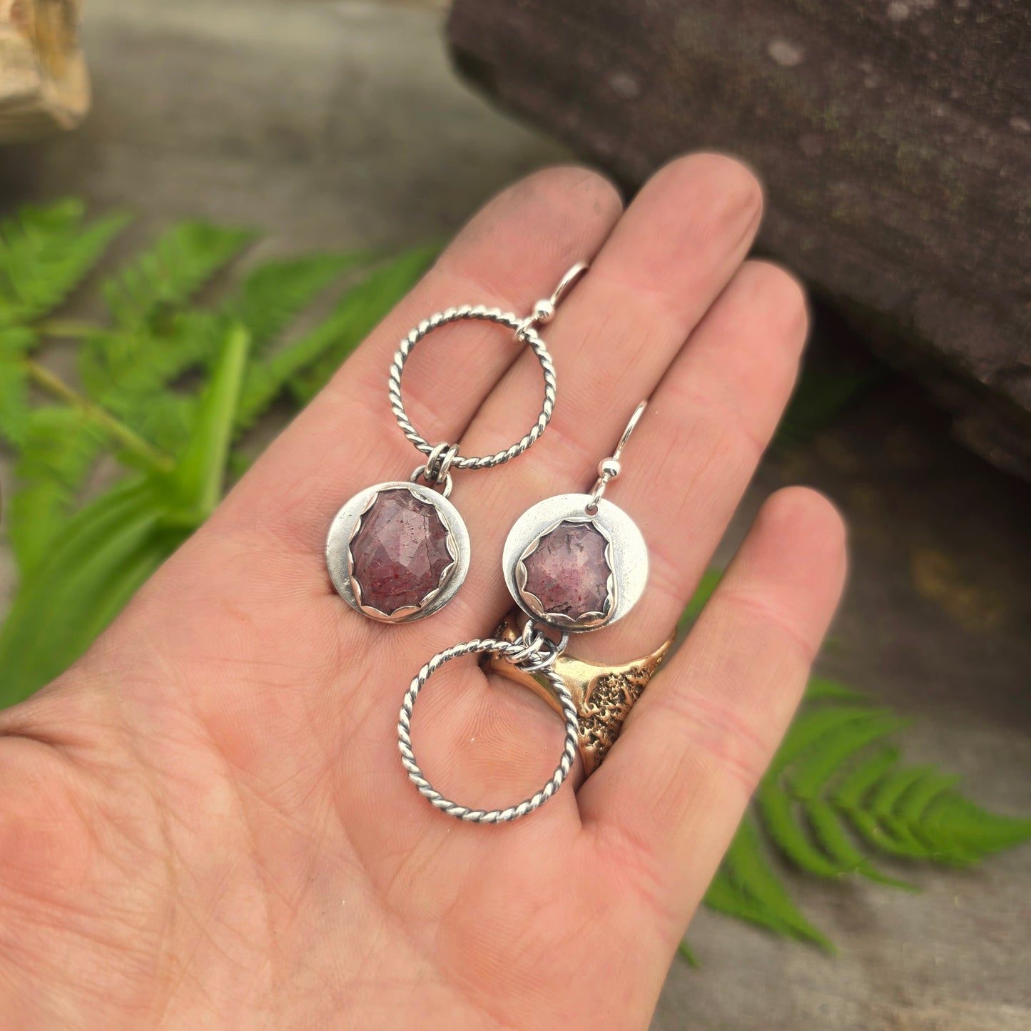 Strawberry Quartz Hoop Hand-Forged Sterling Silver Earrings