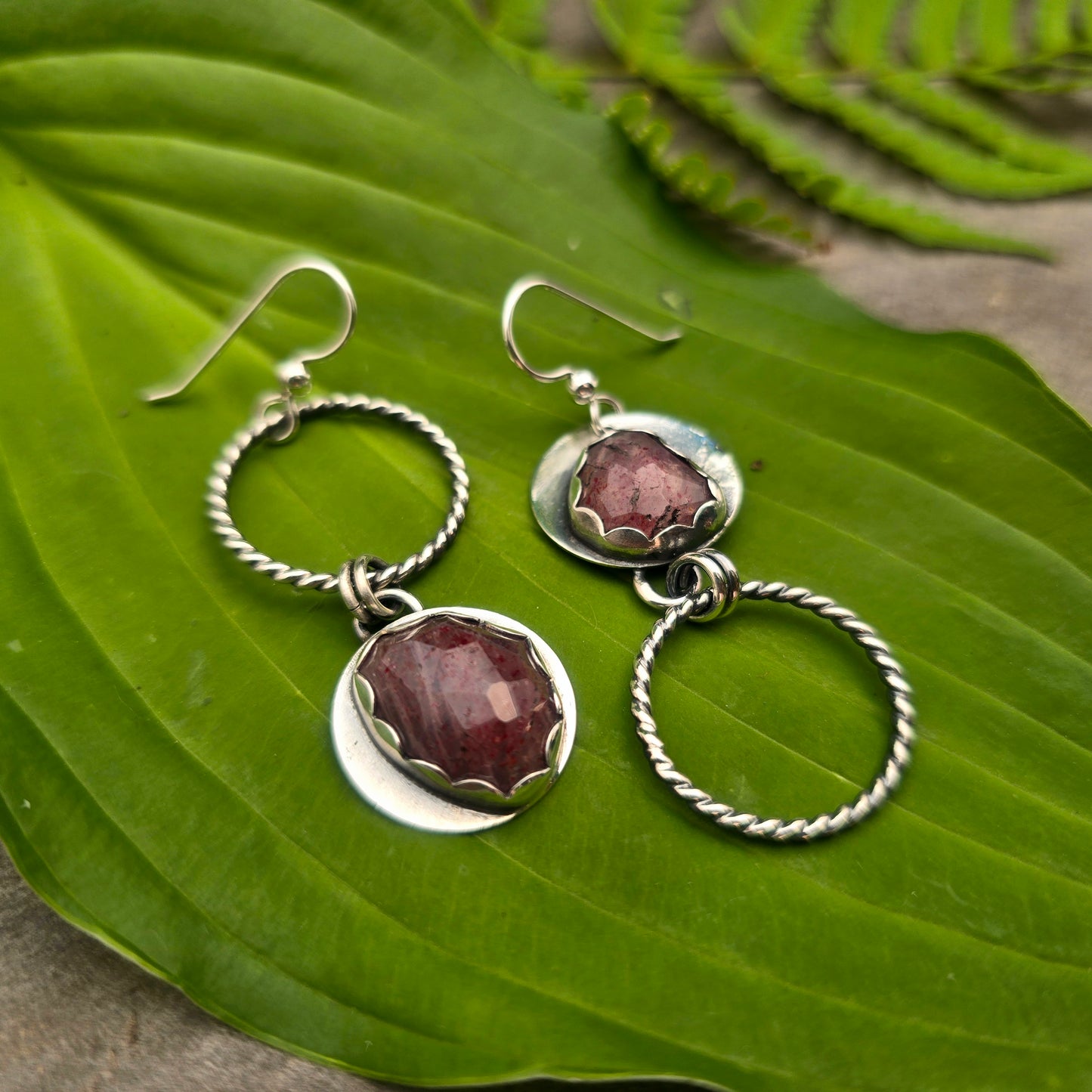 Strawberry Quartz Hoop Hand-Forged Sterling Silver Earrings