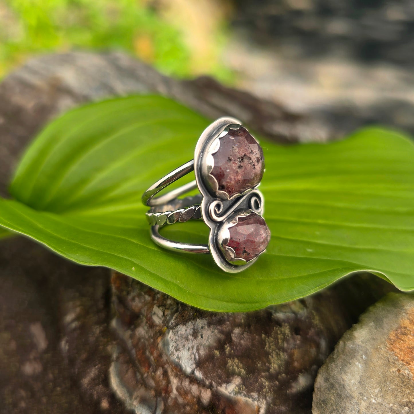 Strawberry Quartz Swirl Hand-Forged Sterling Silver Statement Ring