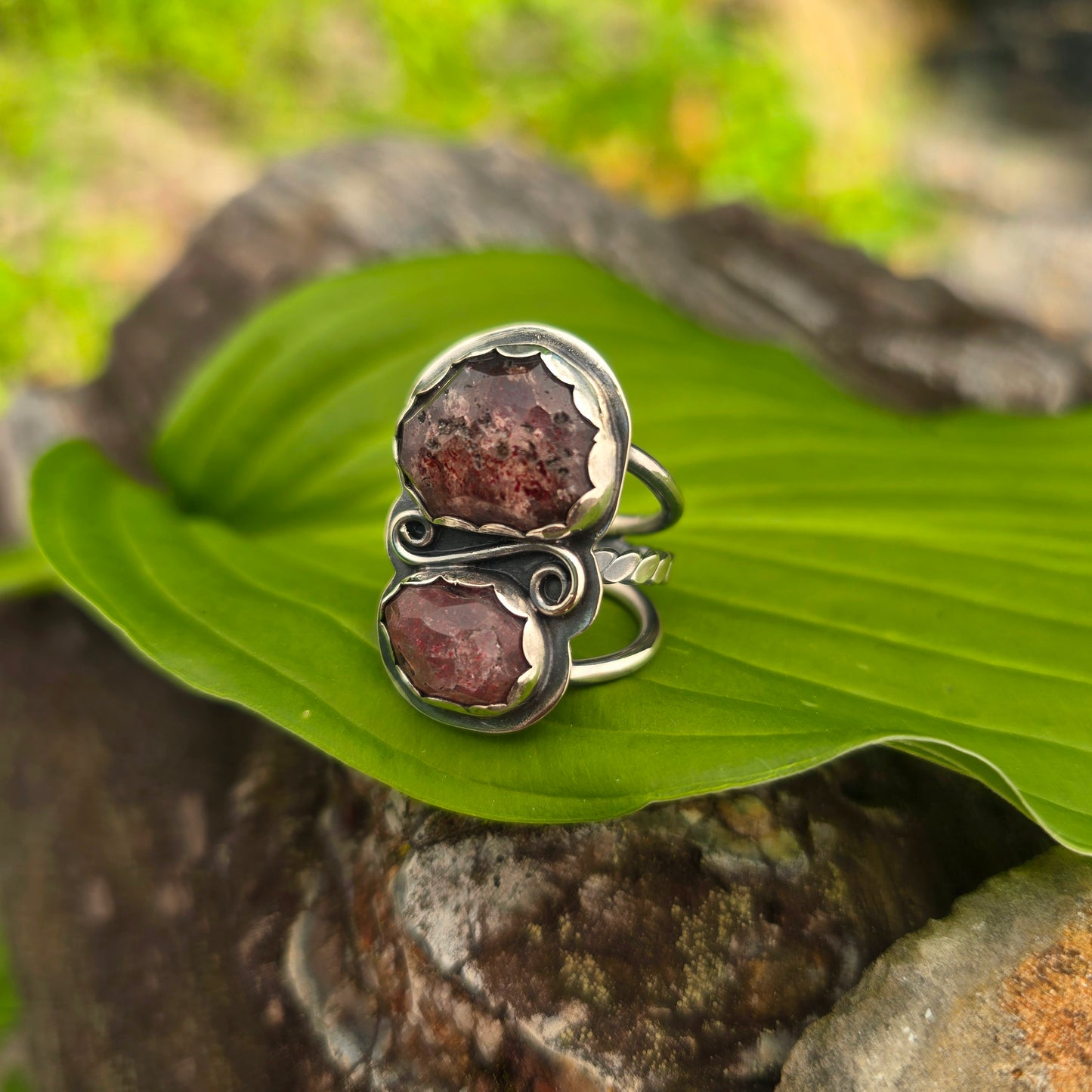 Strawberry Quartz Swirl Hand-Forged Sterling Silver Statement Ring