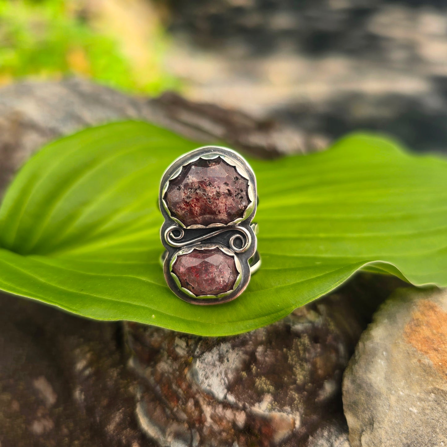 Strawberry Quartz Swirl Hand-Forged Sterling Silver Statement Ring