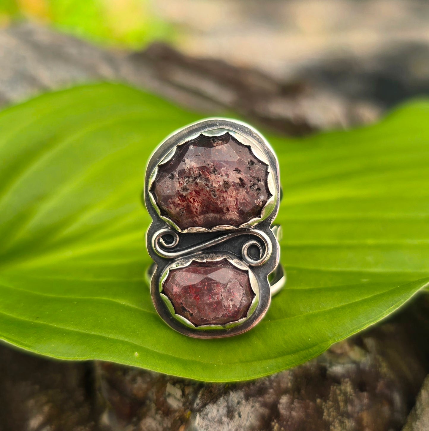 Strawberry Quartz Swirl Hand-Forged Sterling Silver Statement Ring