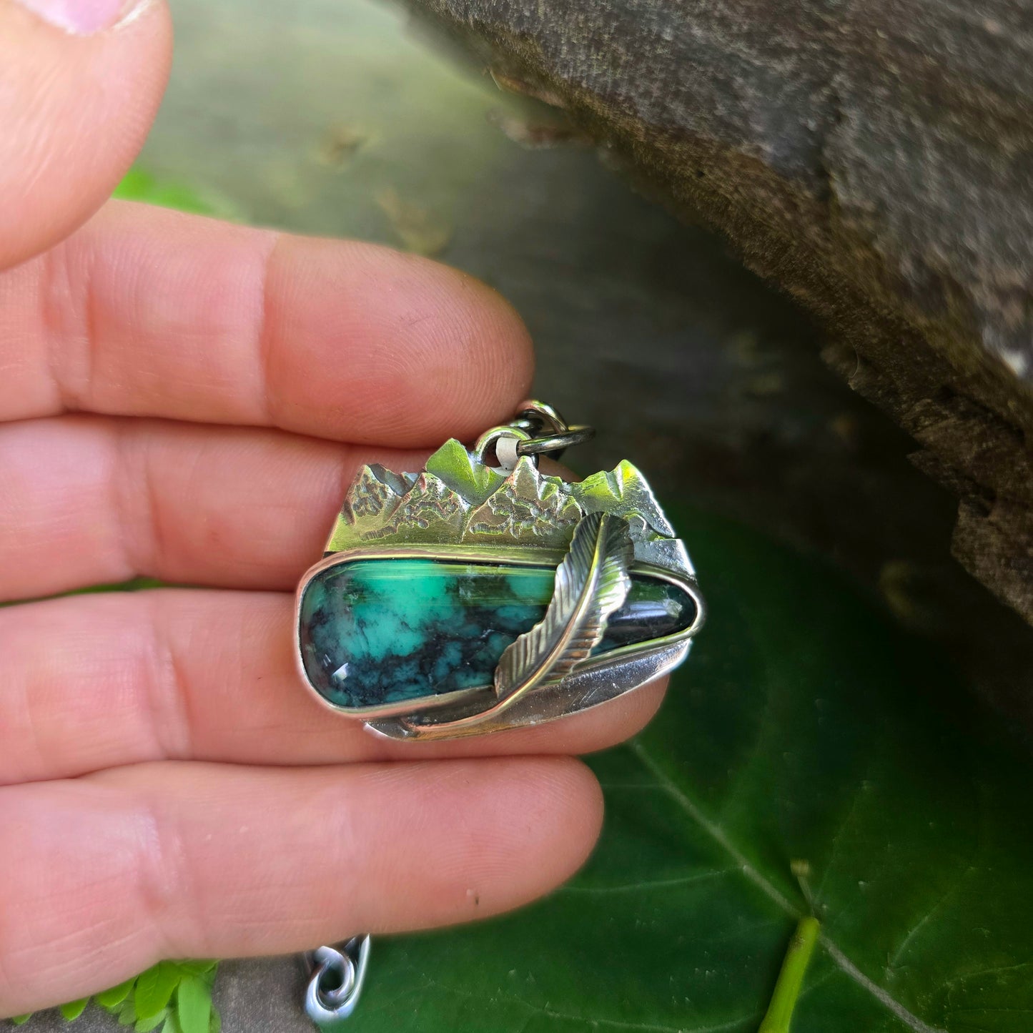 Emerald Rose Variscite Mountain Feather Sterling Silver Pendant