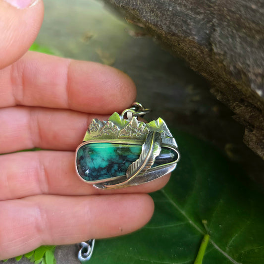 Emerald Rose Variscite Mountain Feather Sterling Silver Pendant