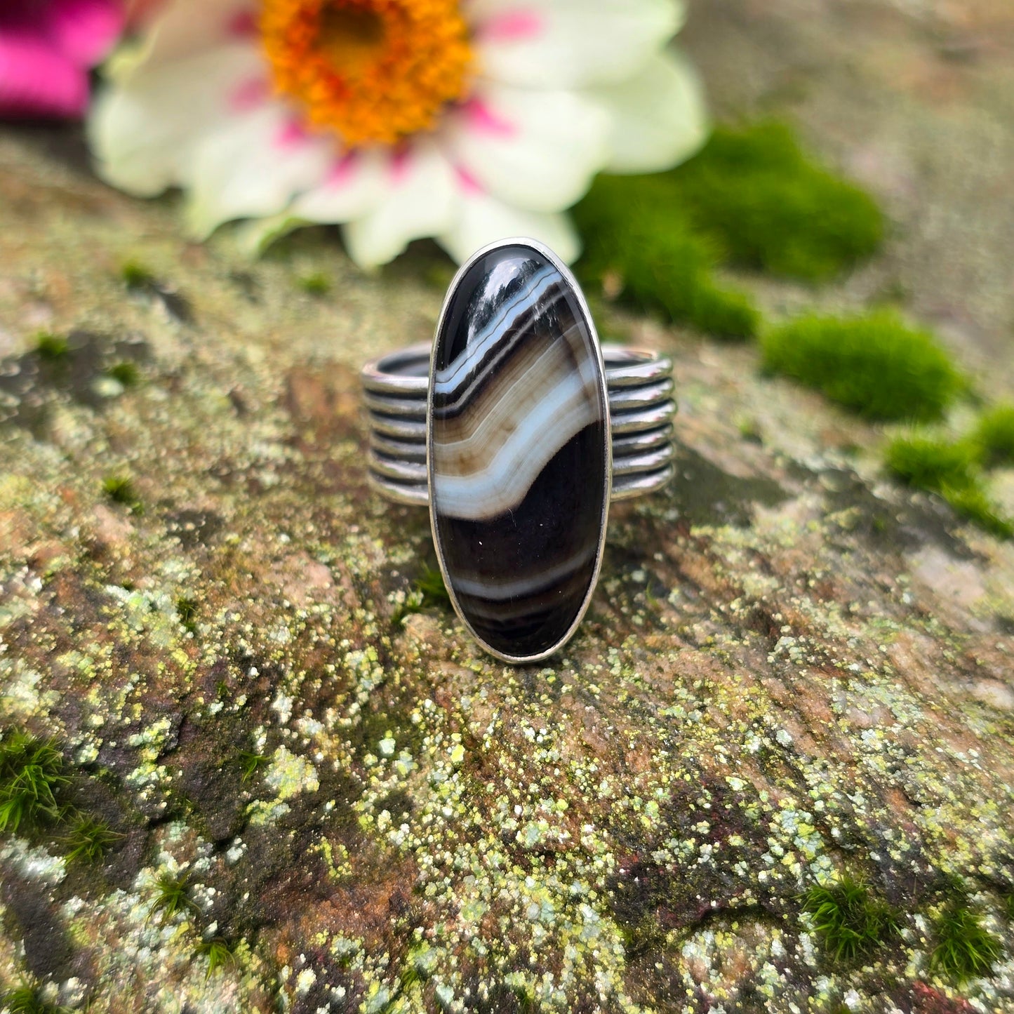 Striped Agate Six Band Hand-Forged Sterling Silver Ring