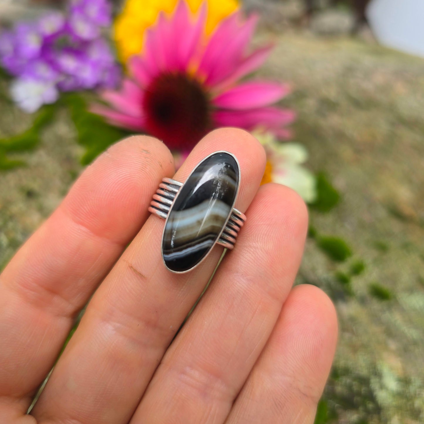Striped Agate Six Band Hand-Forged Sterling Silver Ring